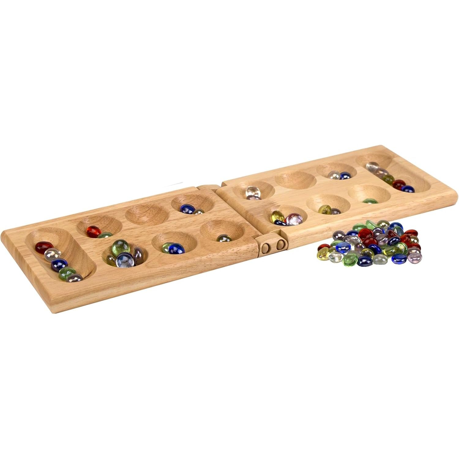 Pressman Mancala Board Game | Fun Classic Table for Adults & Kids | Includes 48 Glass Mancala Stones and Wood Hinged Playing Board | 2 Players, Ages 6+