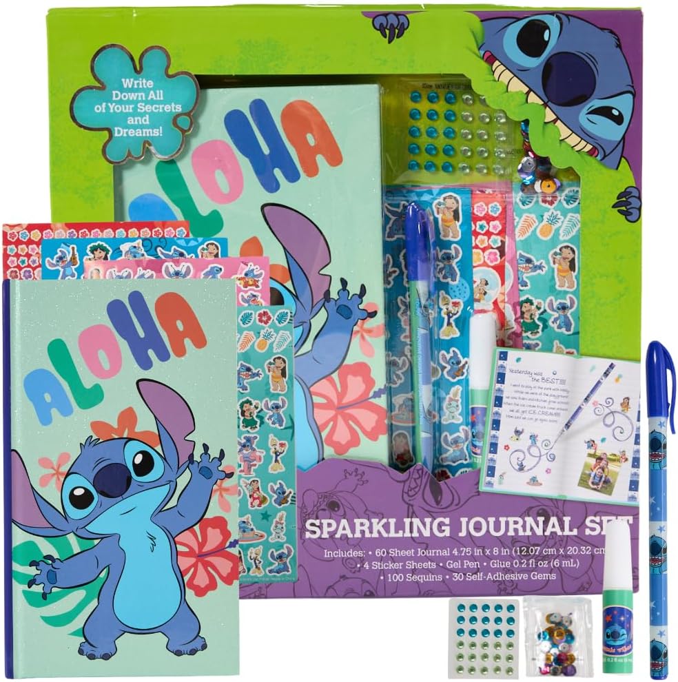 Innovative Designs Disney Stitch Sparkle Journal Set for Kids, Journal Kit with Stickers and Gems