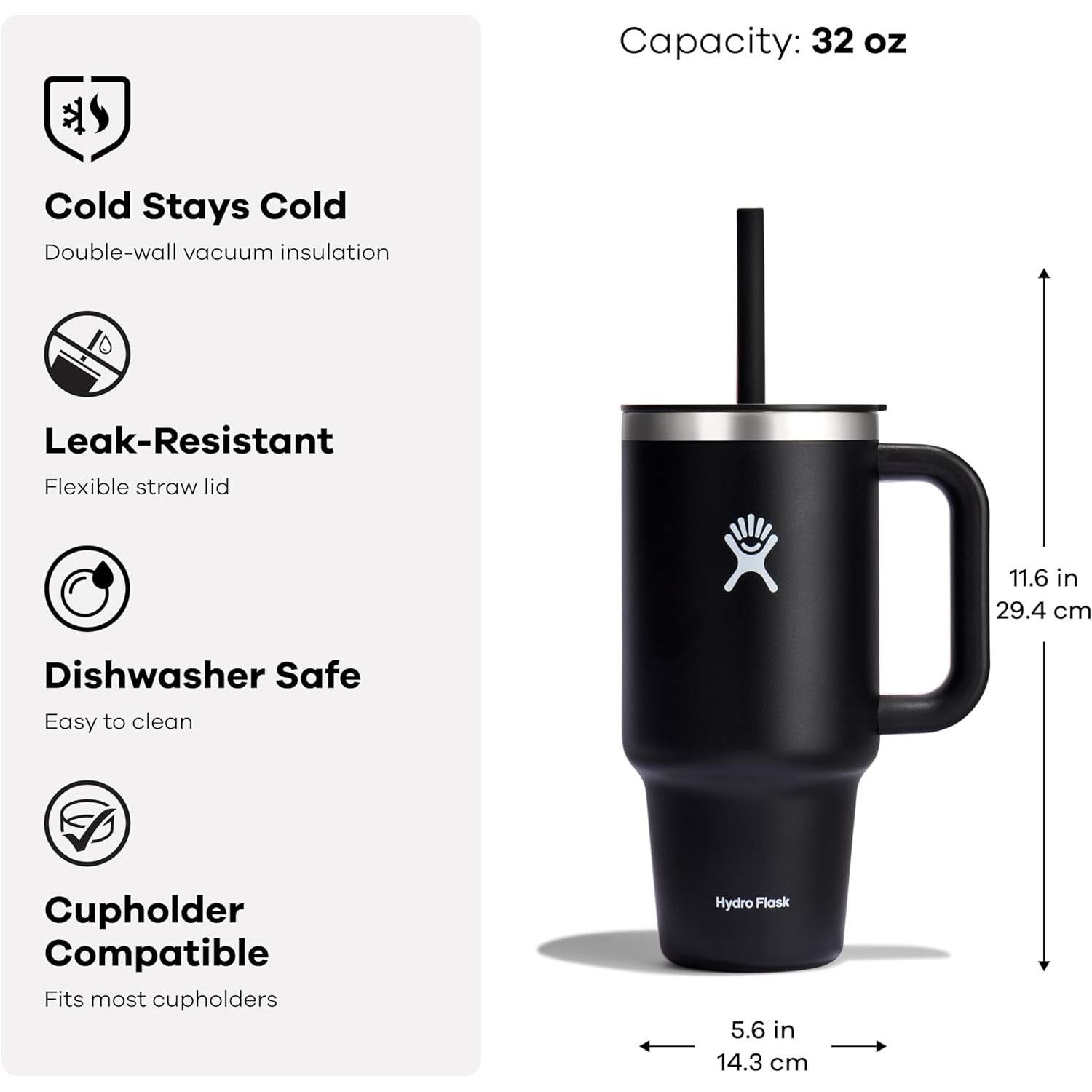 Hydro Flask Travel Tumbler with Handle, Lid and Straw | Thermal bottle - Insulated Stainless Steel in 32 Oz Black
