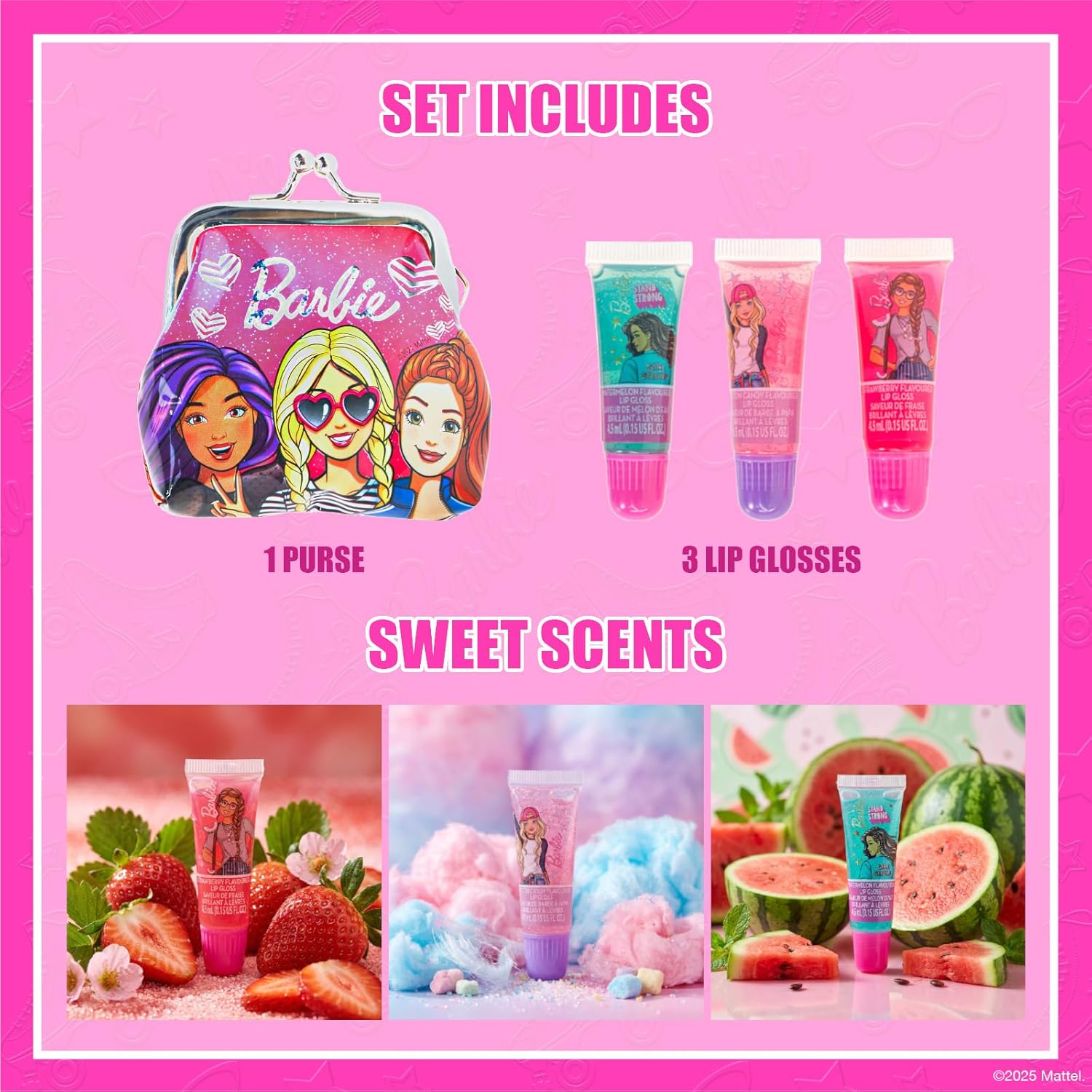 Barbie – Townley Girl Plant-Based 3Pcs Juicy Tube with Granny bag Makeup Cosmetic Set for Kids and Girls, Ages 3+, Perfect for Parties, Sleepovers & Makeovers, Multicolor