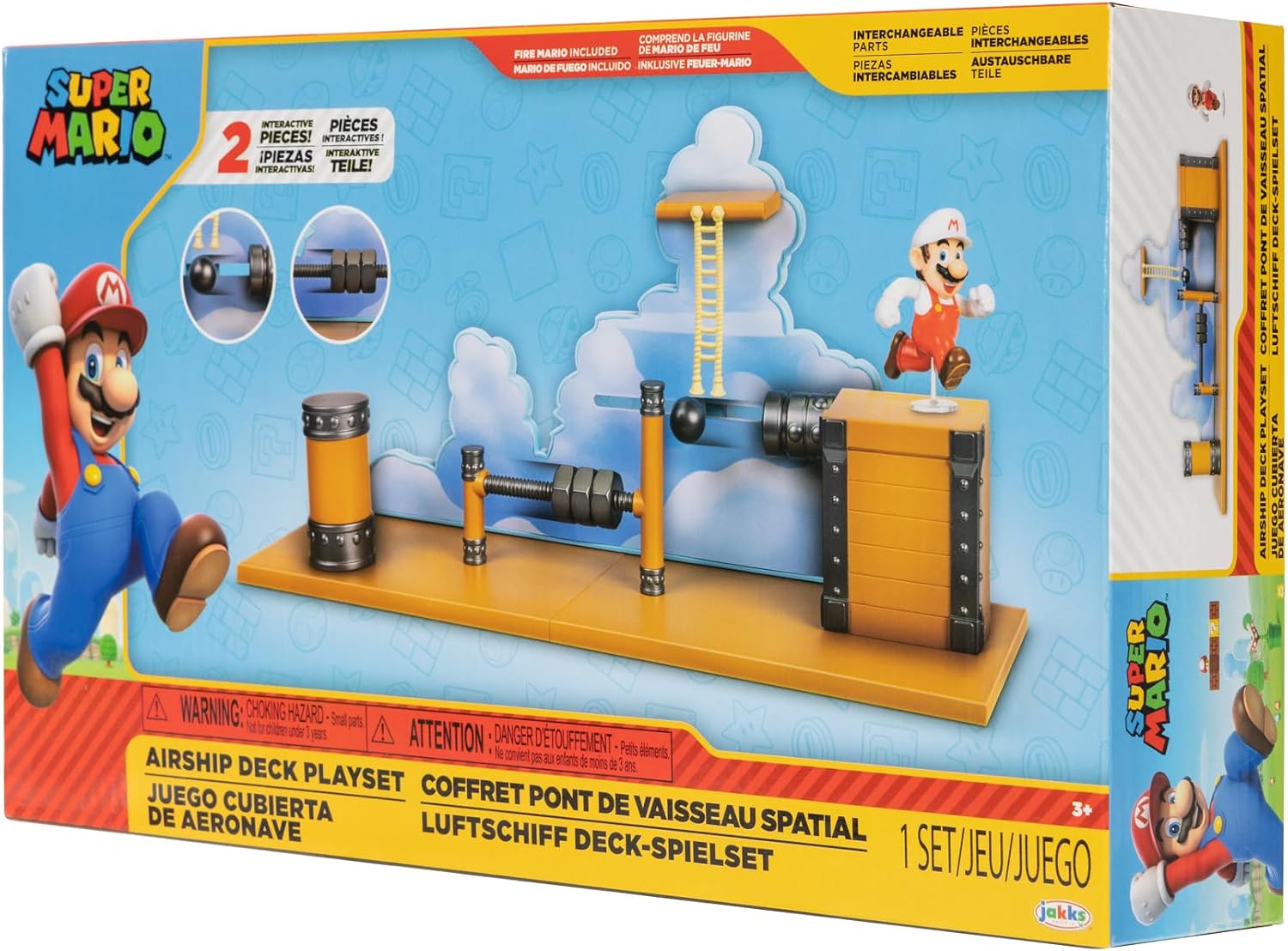 Super Mario Deluxe 2.5in Bowser's Air Ship Playset with Fire Mario Action Figure, Rope Ladder and Screw-Bolt Obstacles