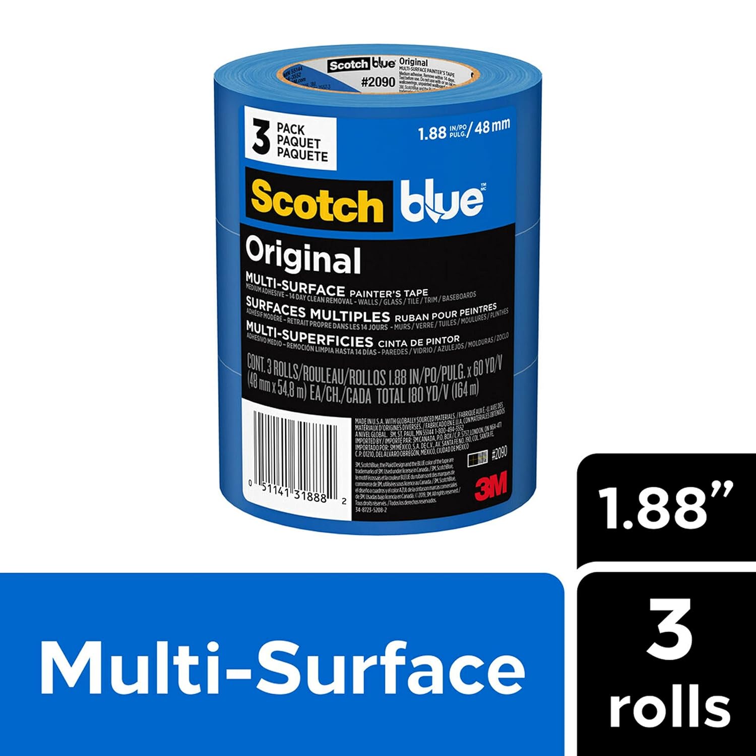 ScotchBlue Original Multi-Surface Painters Tape, 2 Inch Wide (1.88 In. x 60 Yds), 3 Rolls, Blue Paint Tape Protects Surfaces and Removes Easily, Masking Tape for Indoor and Outdoor Use (2090-48EP3)