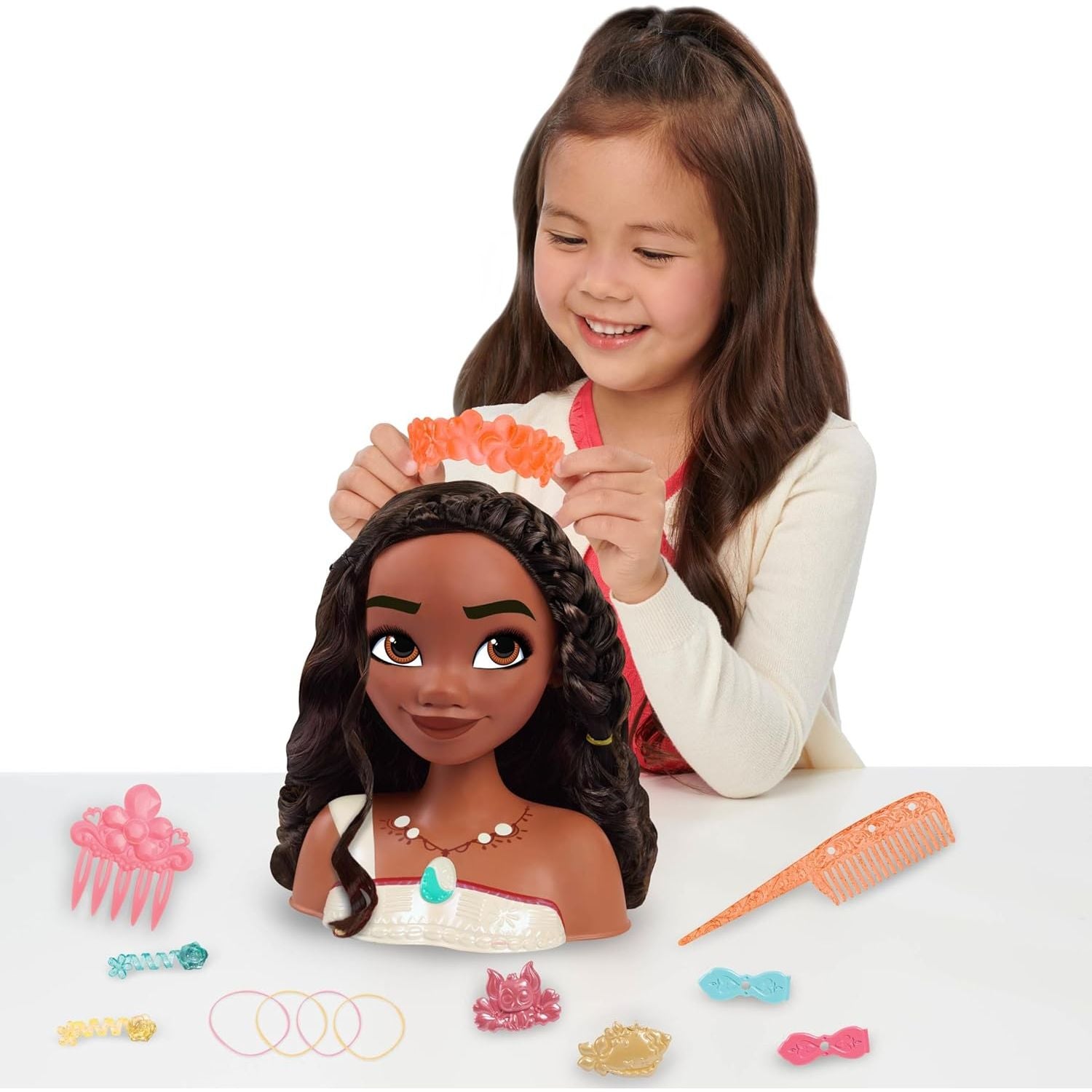 Disney Princess Moana 2 Styling Head, 14-Pieces, Pretend Play, Kids Toys for Ages 3 Up by Just Play