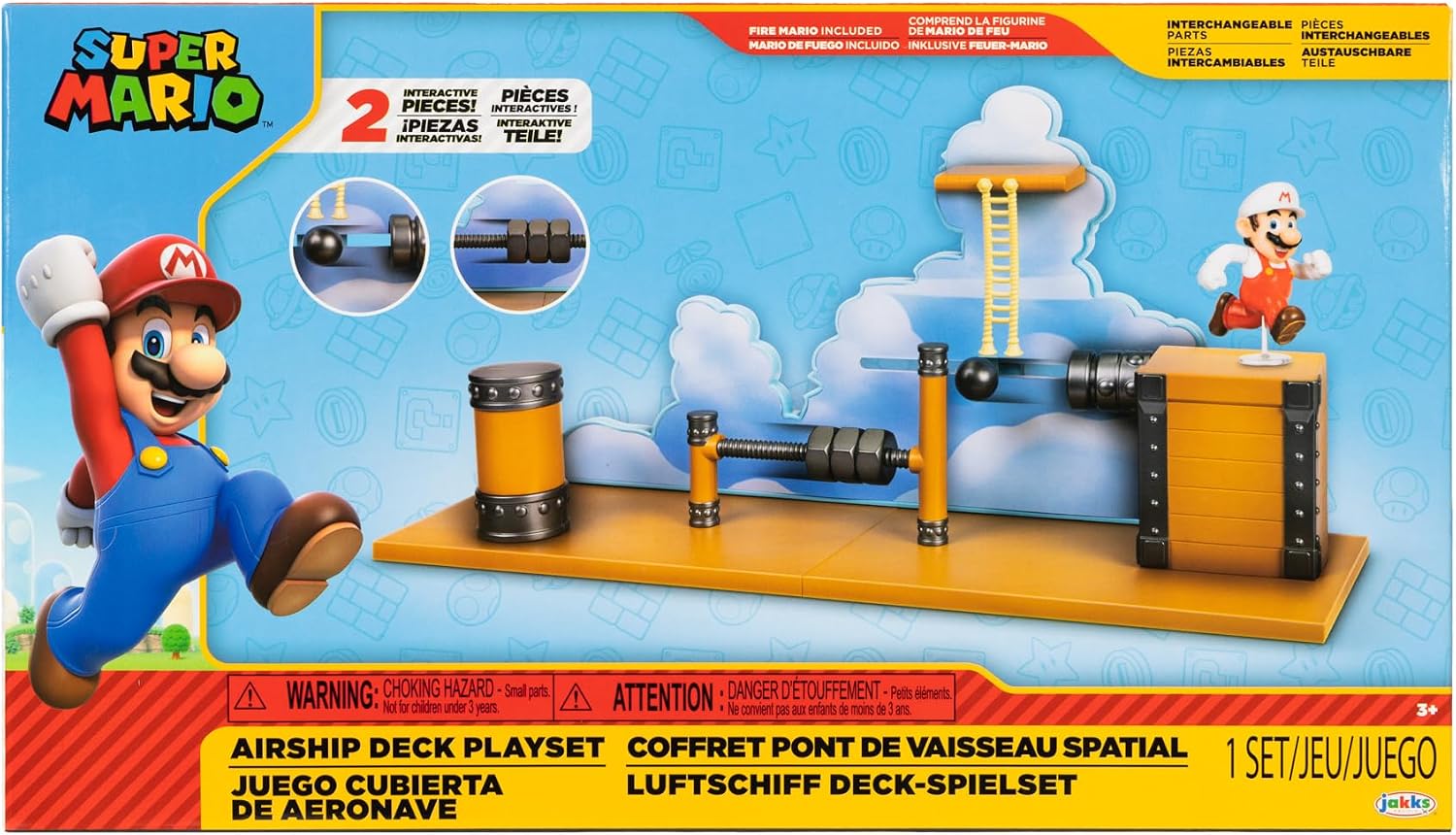 Super Mario Deluxe 2.5in Bowser's Air Ship Playset with Fire Mario Action Figure, Rope Ladder and Screw-Bolt Obstacles