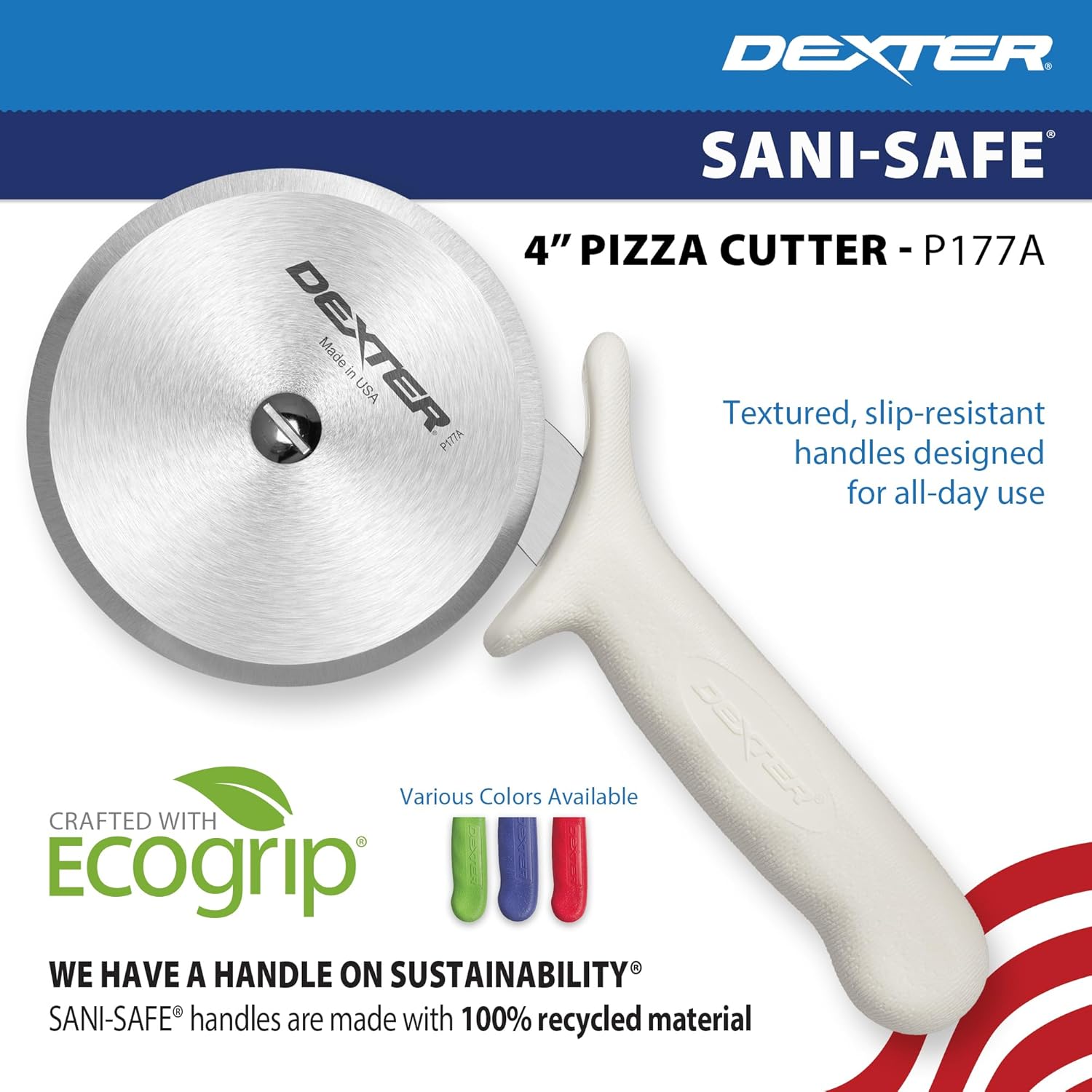 Dexter-Russell 4" Pizza Cutter, P177A-4PCP | SANI-SAFE Series, Stainless Steel Blade with Slip-Resistant Polypropylene Handle | Heavy-Duty Rotary Cutter for Pizza, Pastry & More | Made in USA