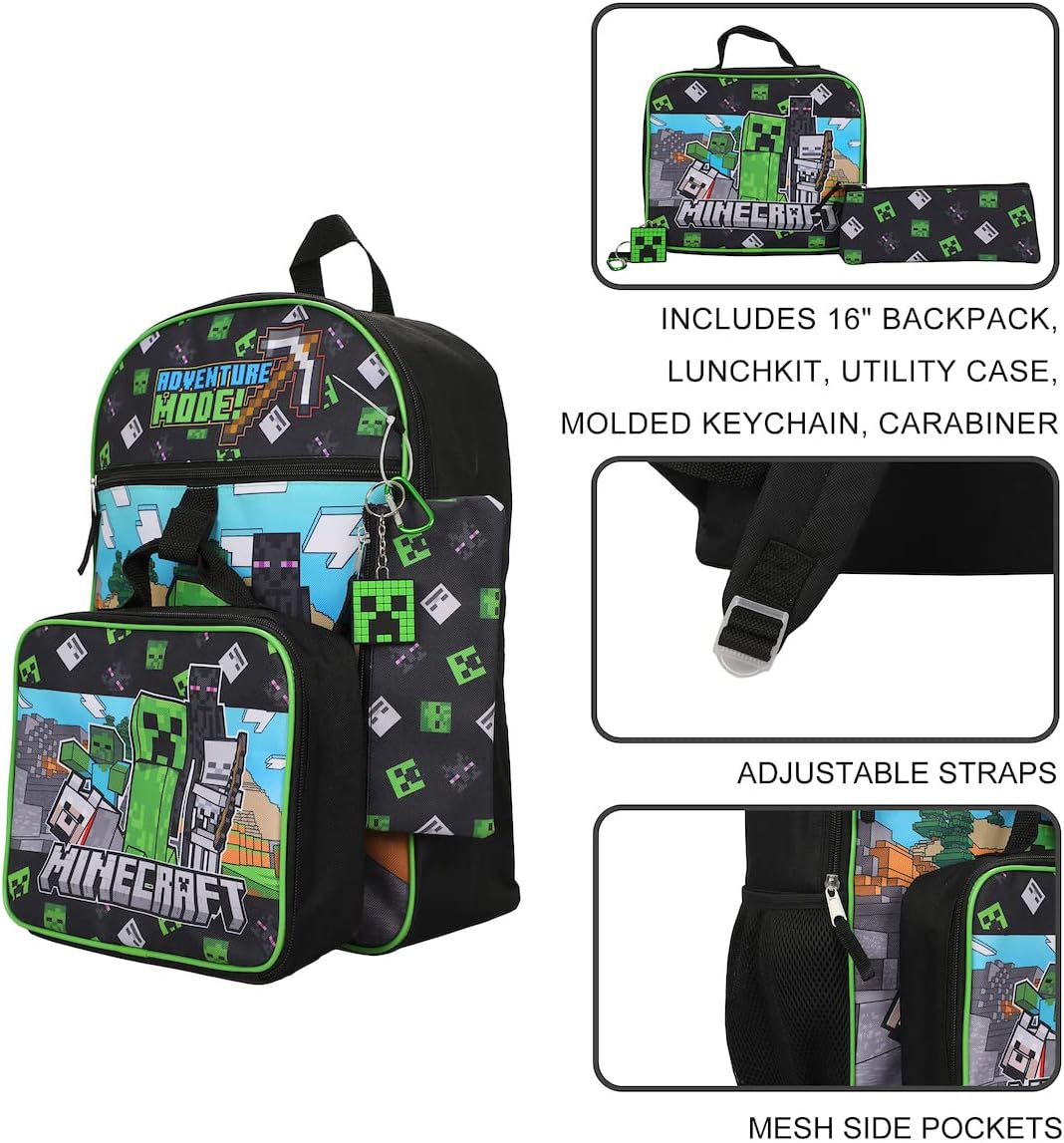 BIOWORLD Unisex Minecraft Adventure Mode 5-Piece Backpack set (Little Kid/Big Kid), Green, One size