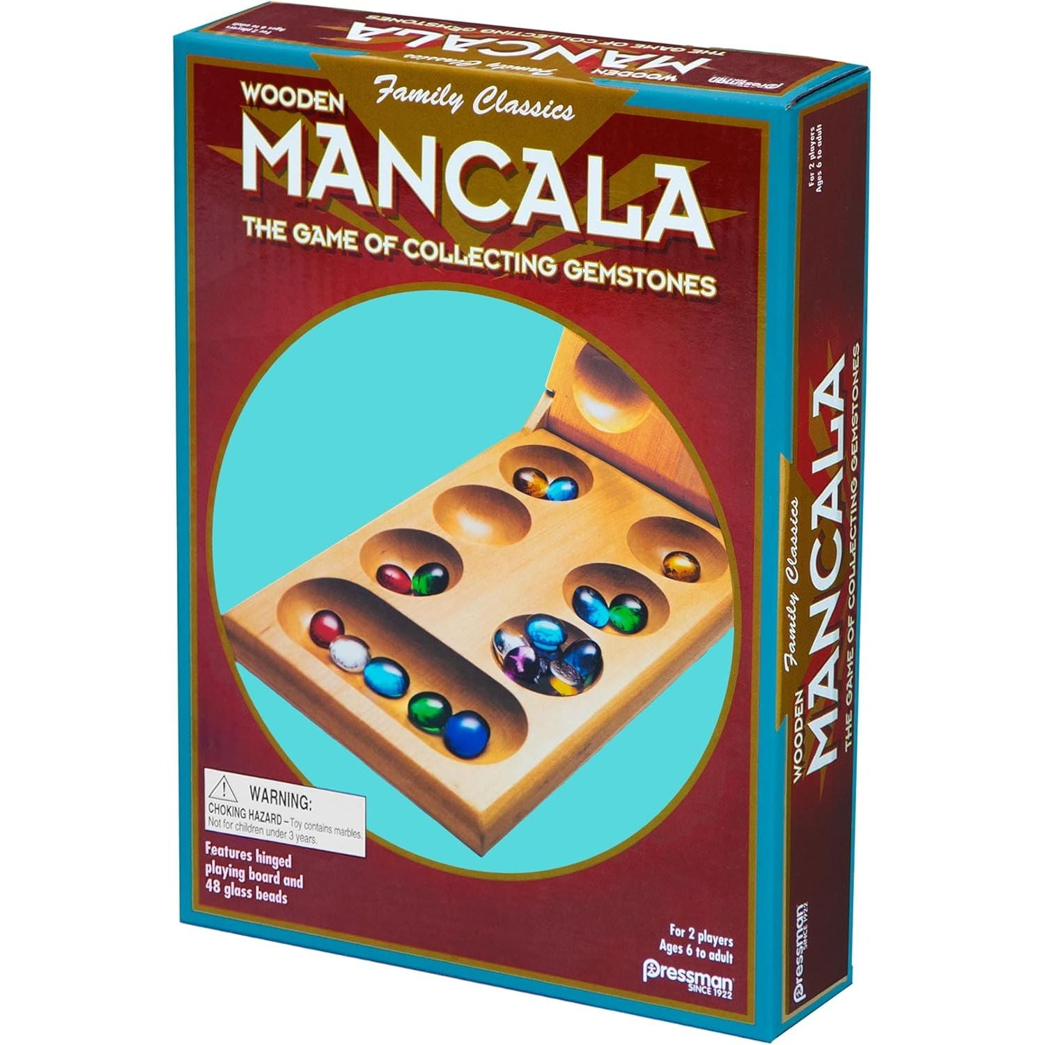 Pressman Mancala Board Game | Fun Classic Table for Adults & Kids | Includes 48 Glass Mancala Stones and Wood Hinged Playing Board | 2 Players, Ages 6+