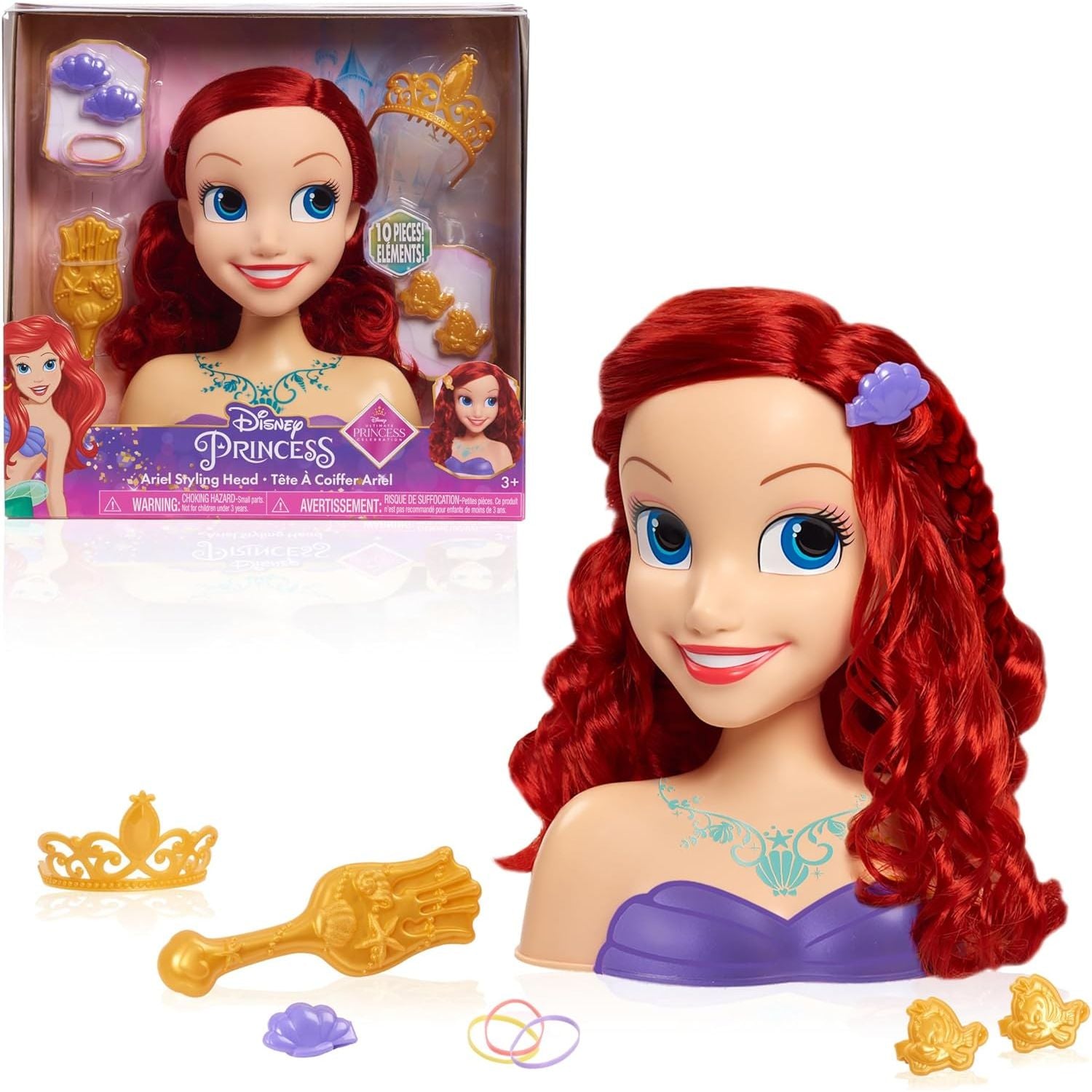 Disney Princess Ariel Styling Head, Red Hair, 10 Piece Pretend Play Set, The Little Mermaid, Officially Licensed Kids Toys for Ages 3 Up by Just Play