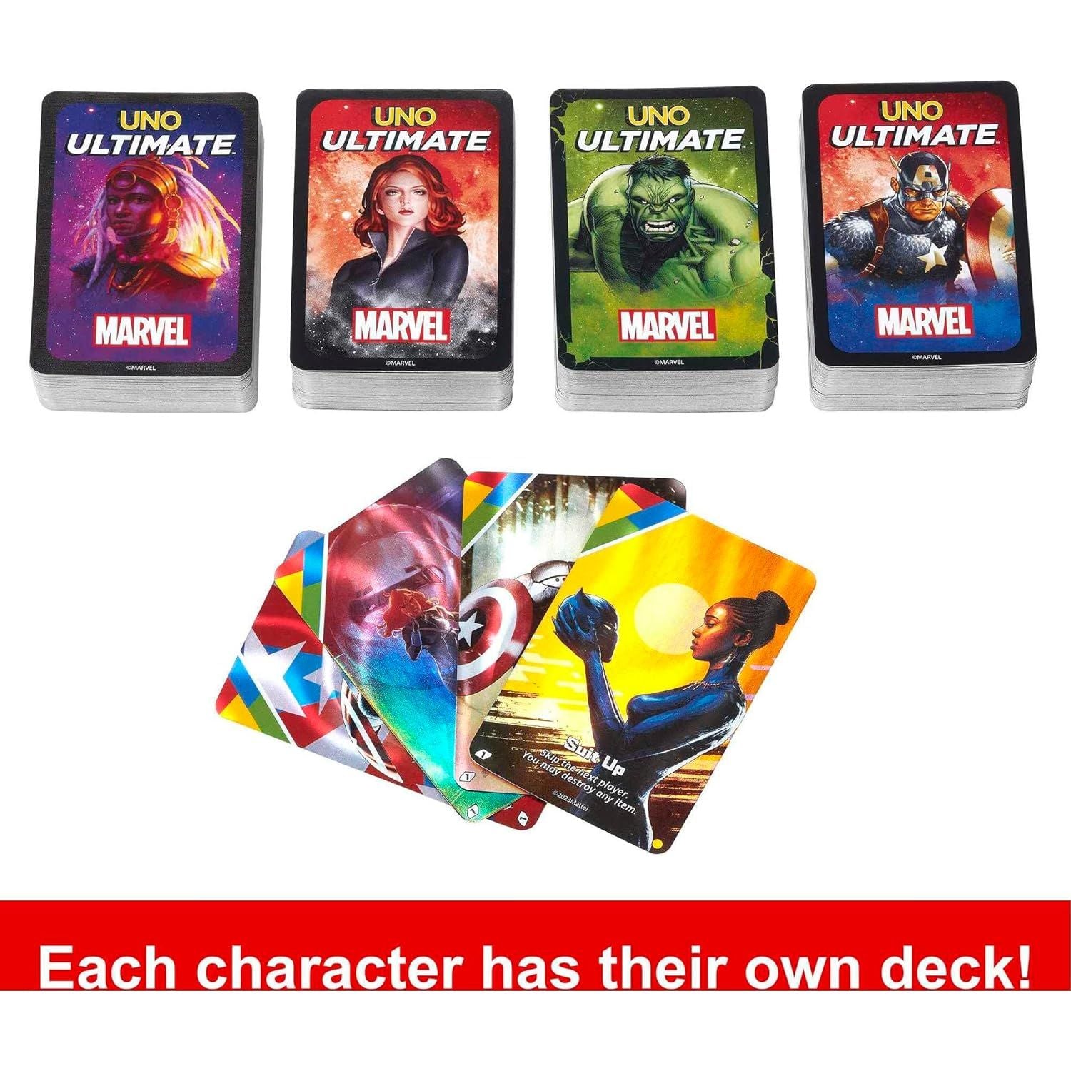 Mattel Games UNO Ultimate Marvel Card Game with 4 Character Decks, 4 Collectible Foil Cards & Special Rules, 2-4 Players, 2nd Edition
