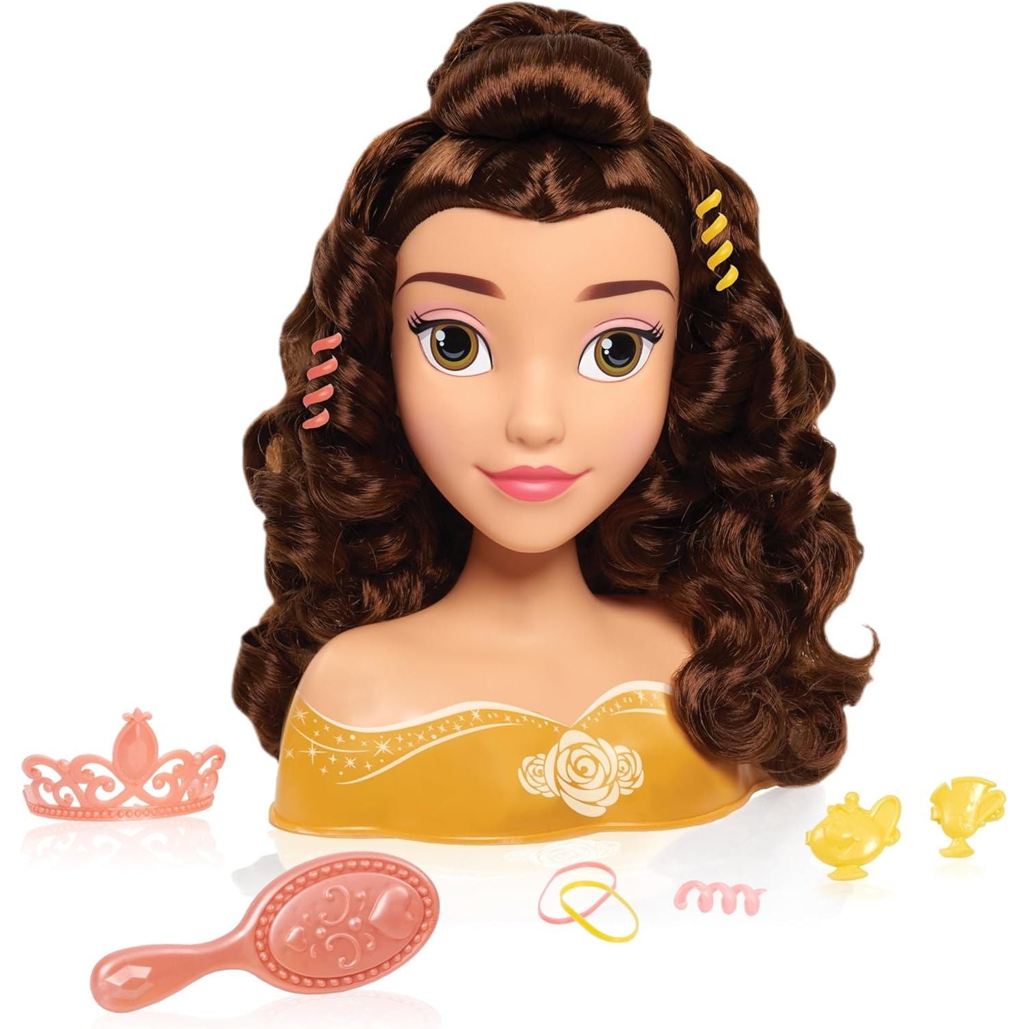 Disney Princess Belle Styling Head, Brown Hair, 10 Piece Pretend Play Set, Beauty and the Beast, Officially Licensed Kids Toys for Ages 3 Up by Just Play