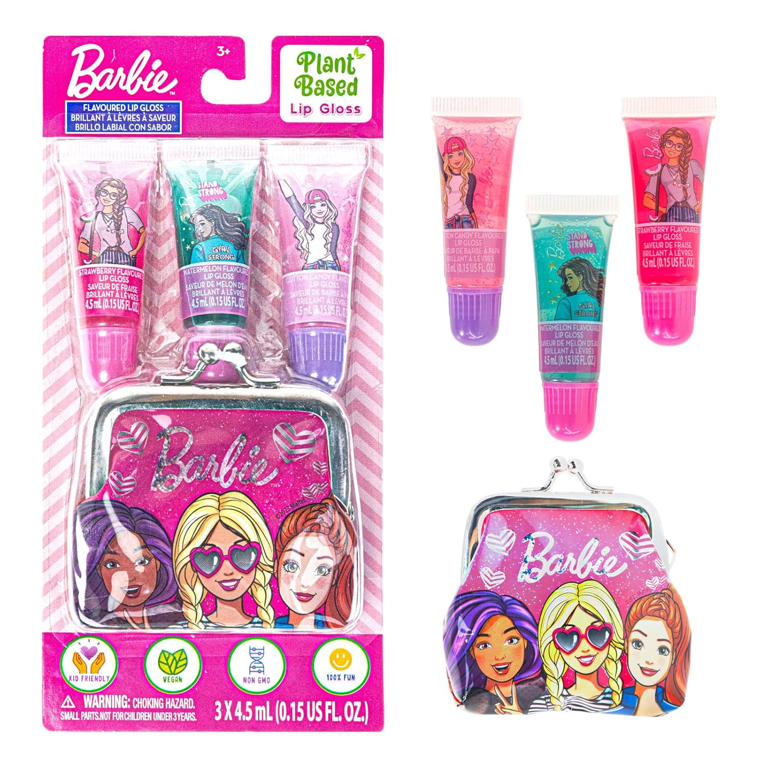 Barbie – Townley Girl Plant-Based 3Pcs Juicy Tube with Granny bag Makeup Cosmetic Set for Kids and Girls, Ages 3+, Perfect for Parties, Sleepovers & Makeovers, Multicolor