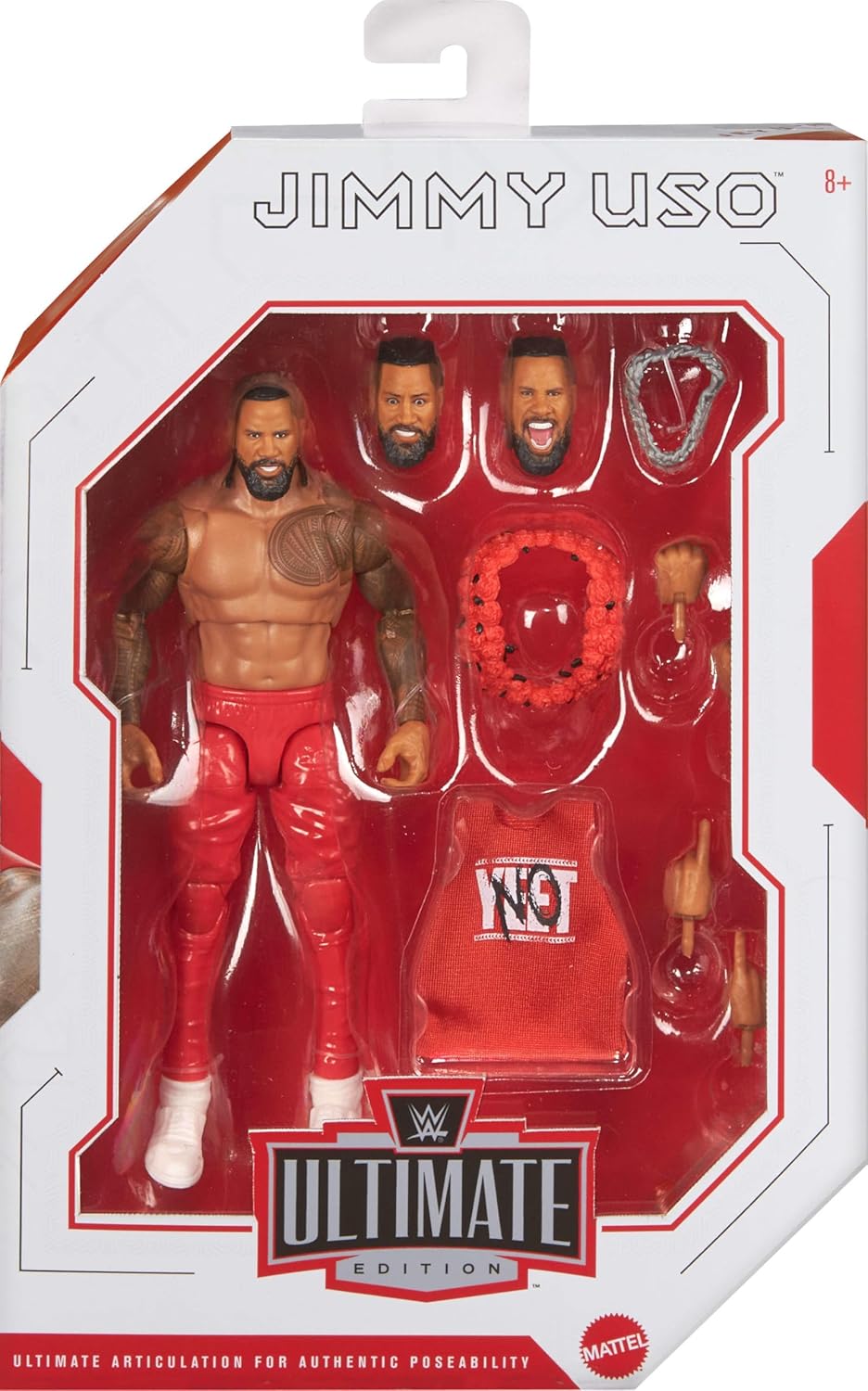 Mattel WWE Ultimate Edition Action Figure & Accessories Set, Jimmy USO 6-inch Collectible, Swappable Heads & Hands, 30 Articulation Points
