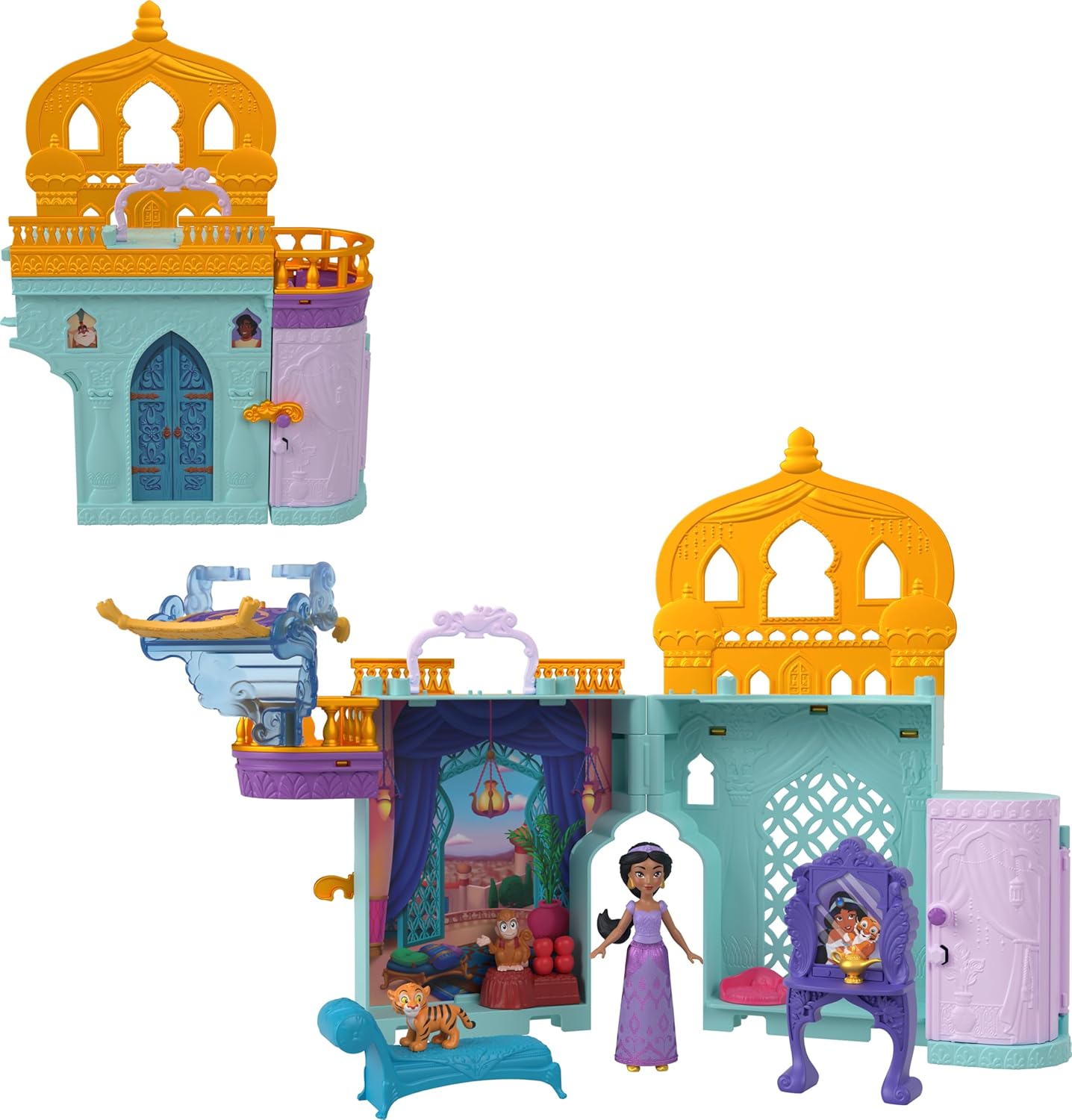 Mattel Disney Princess Jasmine Doll House Stackable Castle with Small Jasmine Doll, 2 Character Friends & 7 Accessories