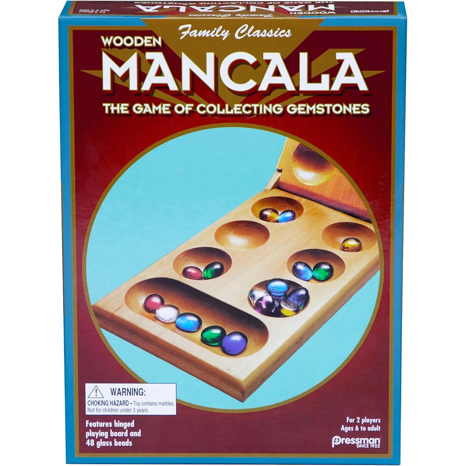Pressman Mancala Board Game | Fun Classic Table for Adults & Kids | Includes 48 Glass Mancala Stones and Wood Hinged Playing Board | 2 Players, Ages 6+