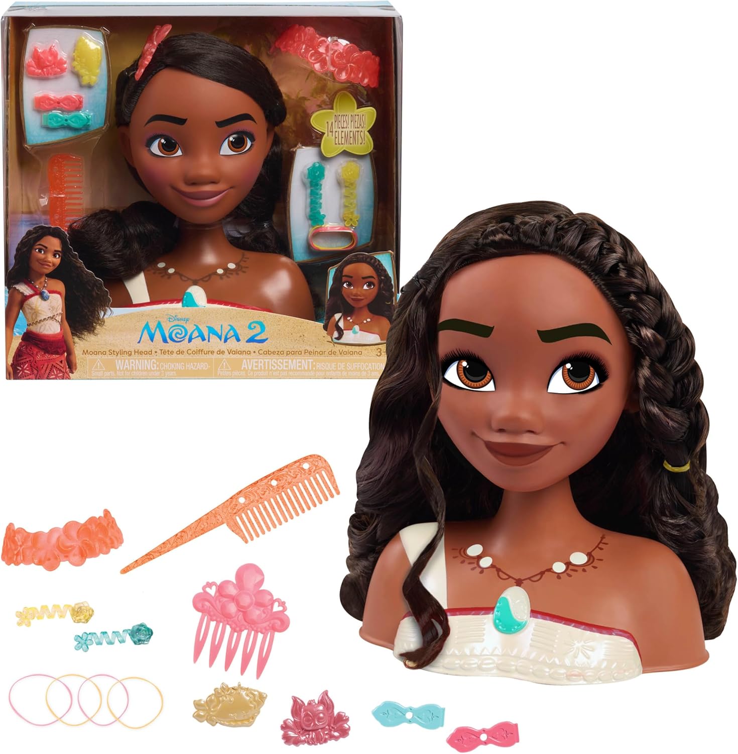 Disney Princess Moana 2 Styling Head, 14-Pieces, Pretend Play, Kids Toys for Ages 3 Up by Just Play