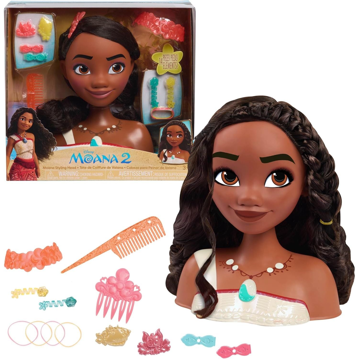 Disney Princess Moana 2 Styling Head, 14-Pieces, Pretend Play, Kids Toys for Ages 3 Up by Just Play