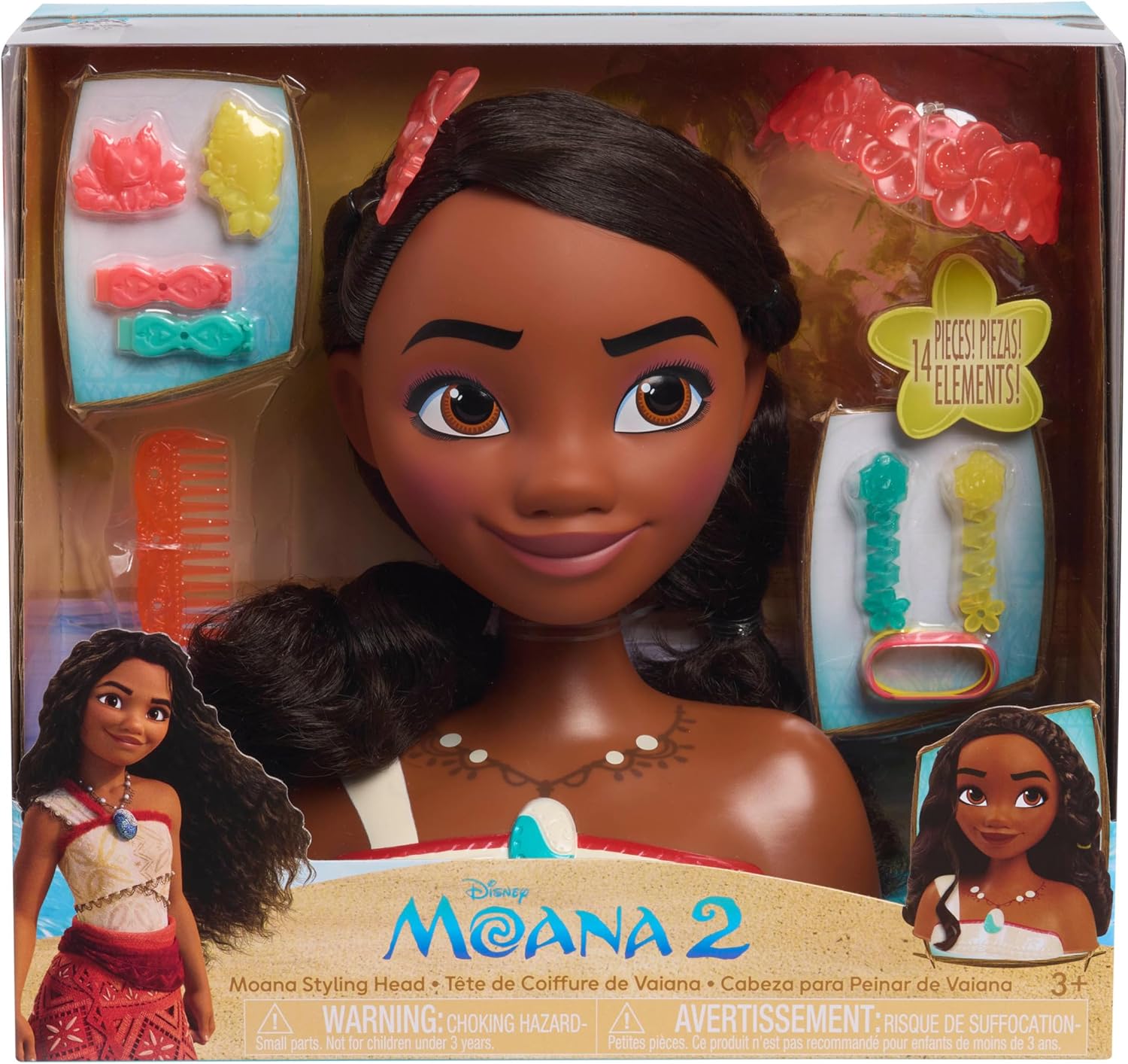 Disney Princess Moana 2 Styling Head, 14-Pieces, Pretend Play, Kids Toys for Ages 3 Up by Just Play