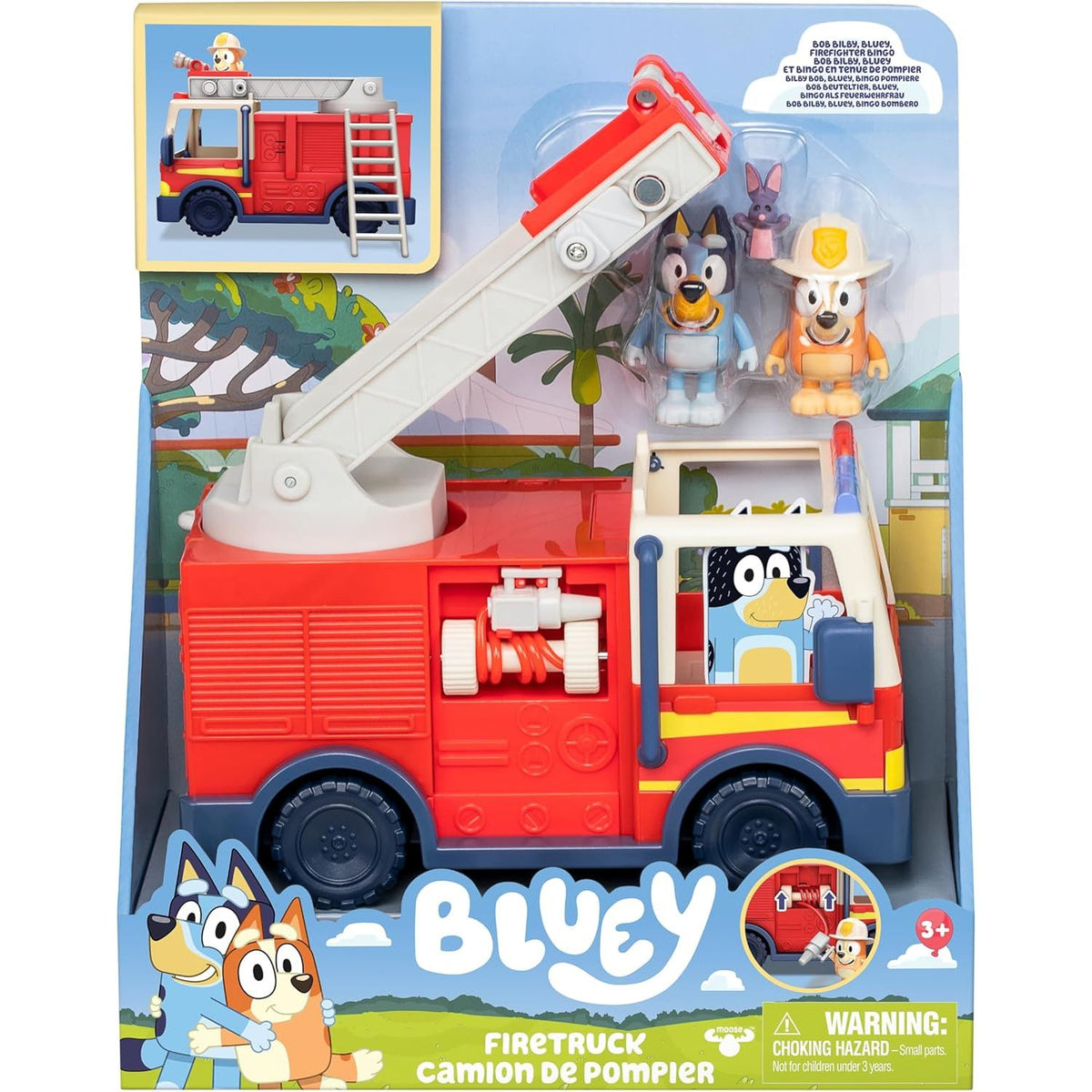 Bluey Firetruck Toy Playset with Firefighter Bingo, Bluey & Bob Bilby, Toddler Fire Truck w/ Spinning Ladder, Water Hoses for Kids Ages 3+