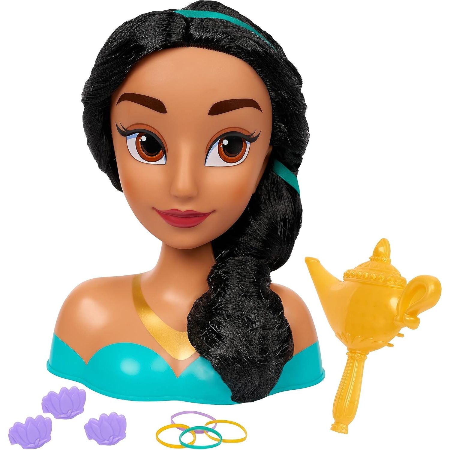 Disney Princess Jasmine Styling Head with Accessories, 14-pieces, Black Hair and Brown Eyes, Kids Toys for Ages 3 Up by Just Play