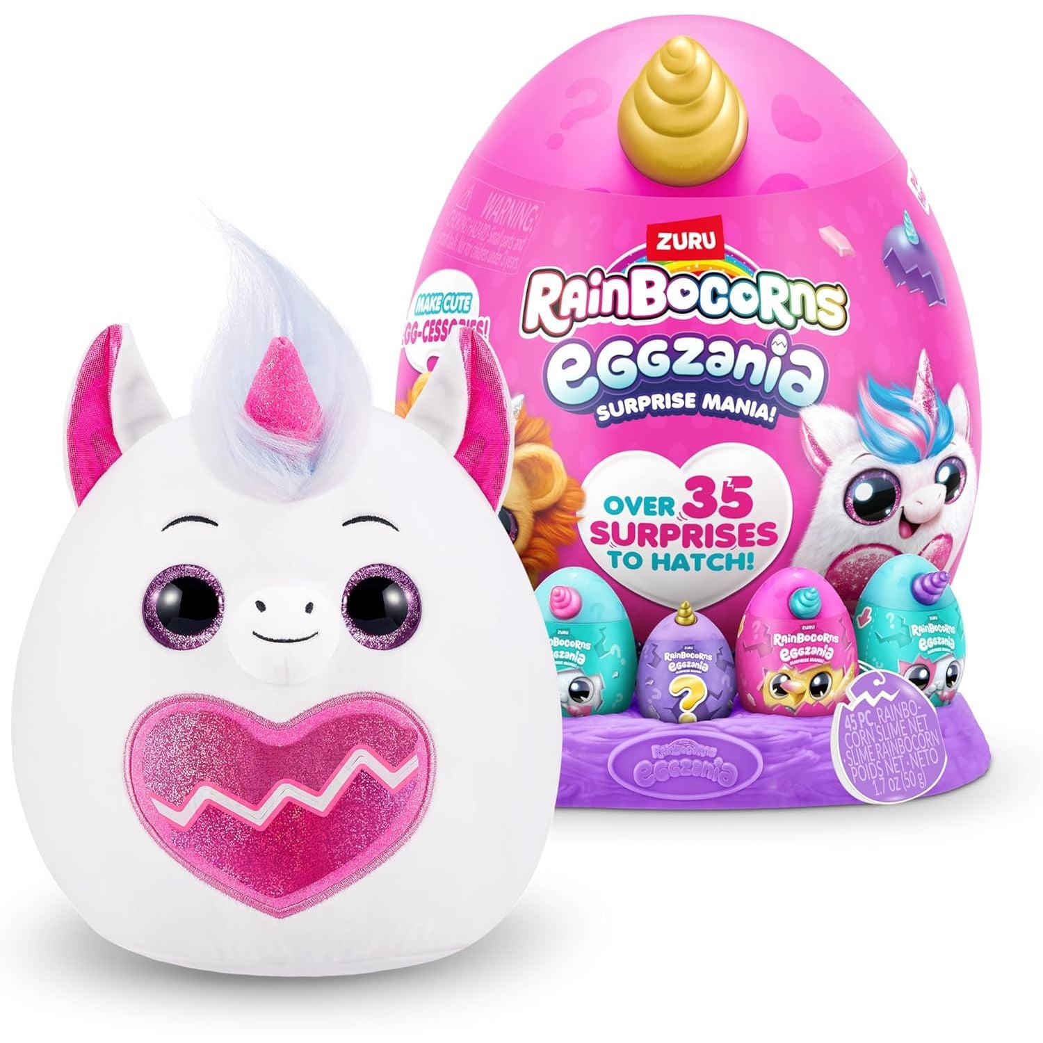 Rainbocorns Eggzania Surprise Mania Series 1 (Unicorn) by ZURU, Collectible Plush Stuffed Animal, Surprise Eggs, 5 Mini Eggs, Stickers, DIY Jewelry, Slime, Ages 3+ for Girls, Children