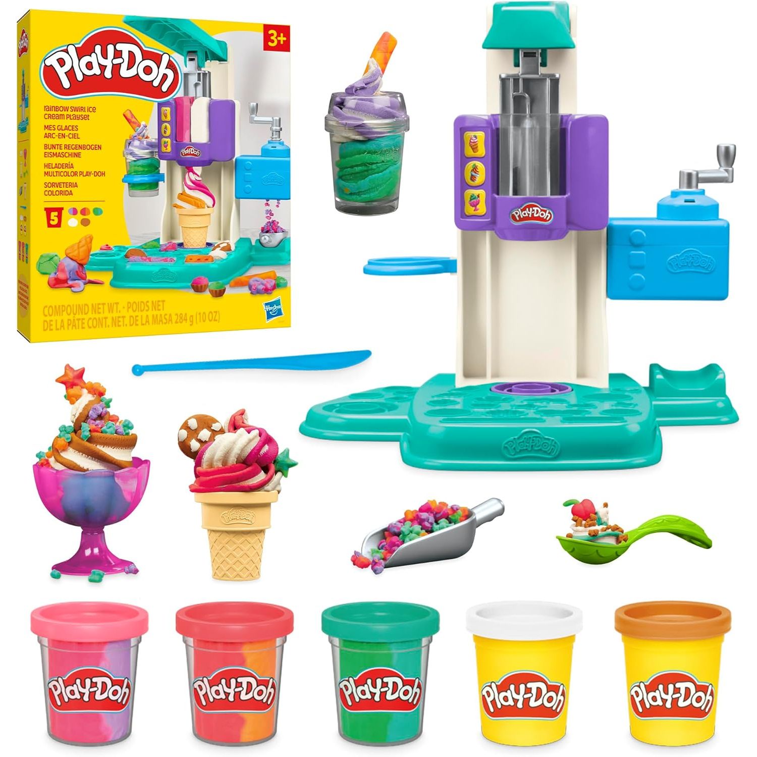 Play-Doh Rainbow Swirl Ice Cream Playset with 7 Pretend Play Kitchen Accessories, Arts and Crafts Toys for 3 Year Old Girls and Boys and Up
