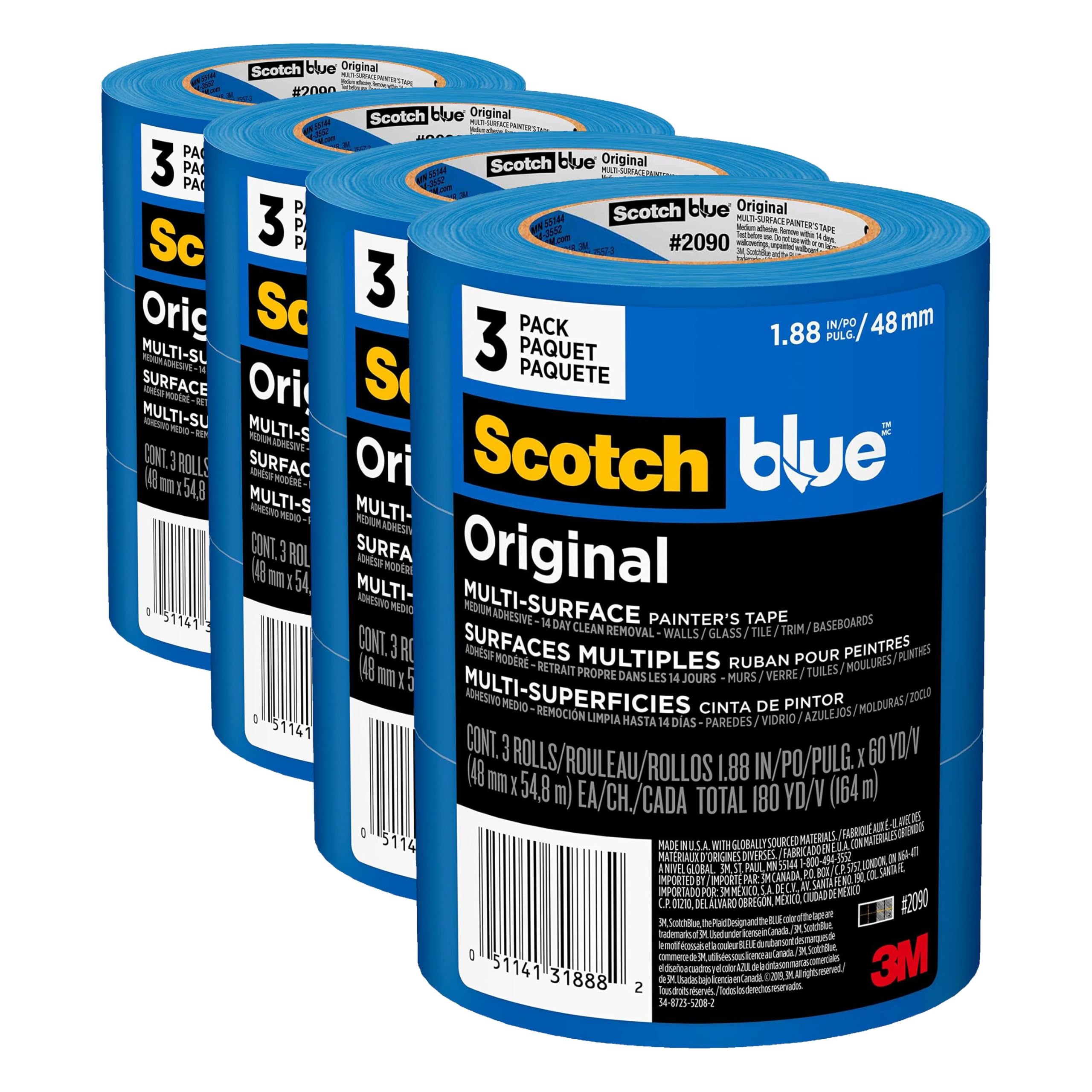 ScotchBlue Original Multi-Surface Painters Tape, 2 Inch Wide (1.88 In. x 60 Yds), 3 Rolls, Blue Paint Tape Protects Surfaces and Removes Easily, Masking Tape for Indoor and Outdoor Use (2090-48EP3)