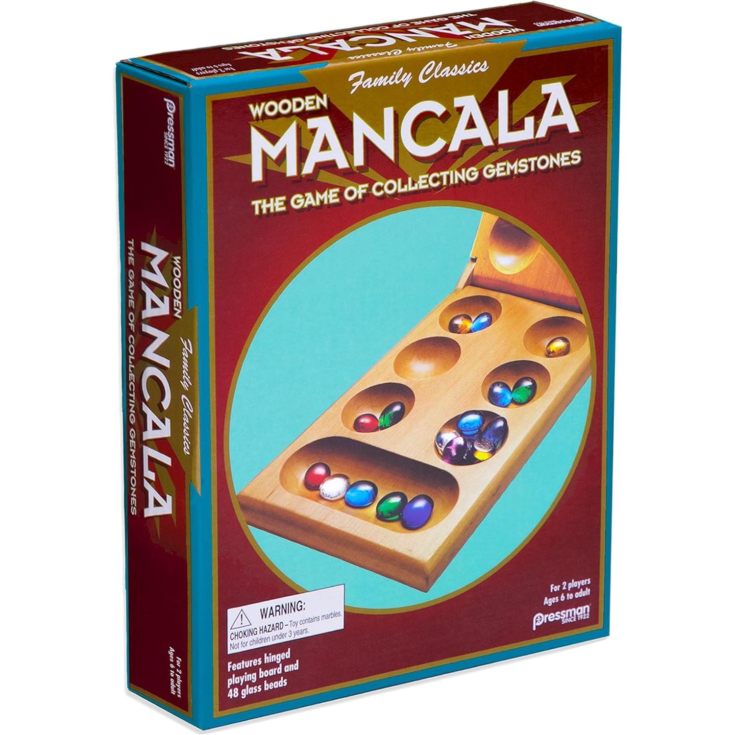 Pressman Mancala Board Game | Fun Classic Table for Adults & Kids | Includes 48 Glass Mancala Stones and Wood Hinged Playing Board | 2 Players, Ages 6+