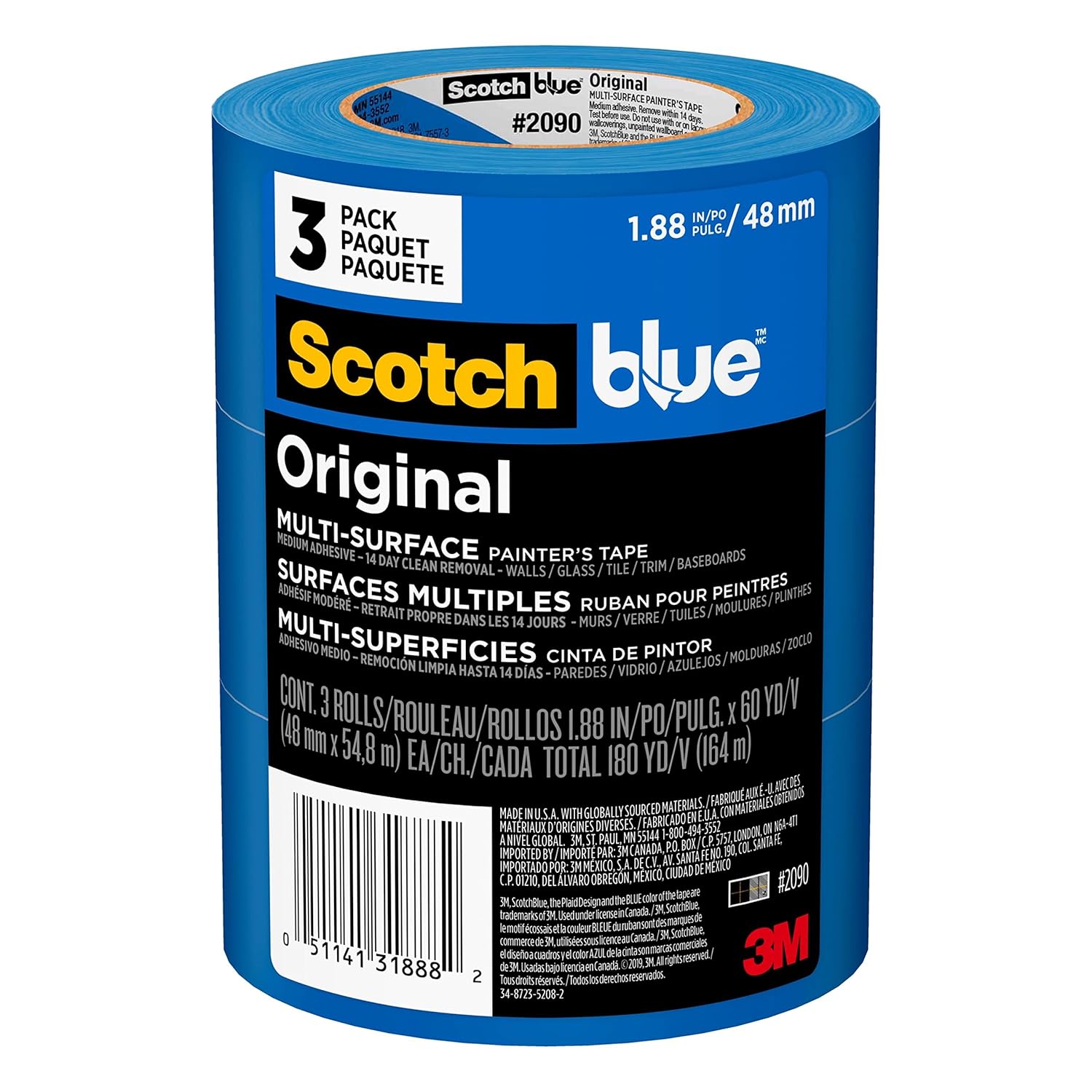 ScotchBlue Original Multi-Surface Painters Tape, 2 Inch Wide (1.88 In. x 60 Yds), 3 Rolls, Blue Paint Tape Protects Surfaces and Removes Easily, Masking Tape for Indoor and Outdoor Use (2090-48EP3)