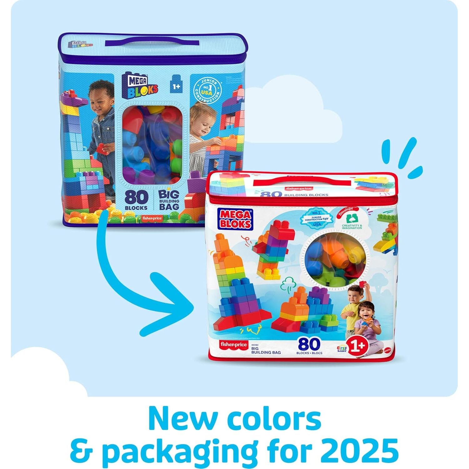 Mega Bloks First Builders Toddler Blocks Toys Set, Big Building Bag with 80 Pieces and Storage, Ages 1+ Years