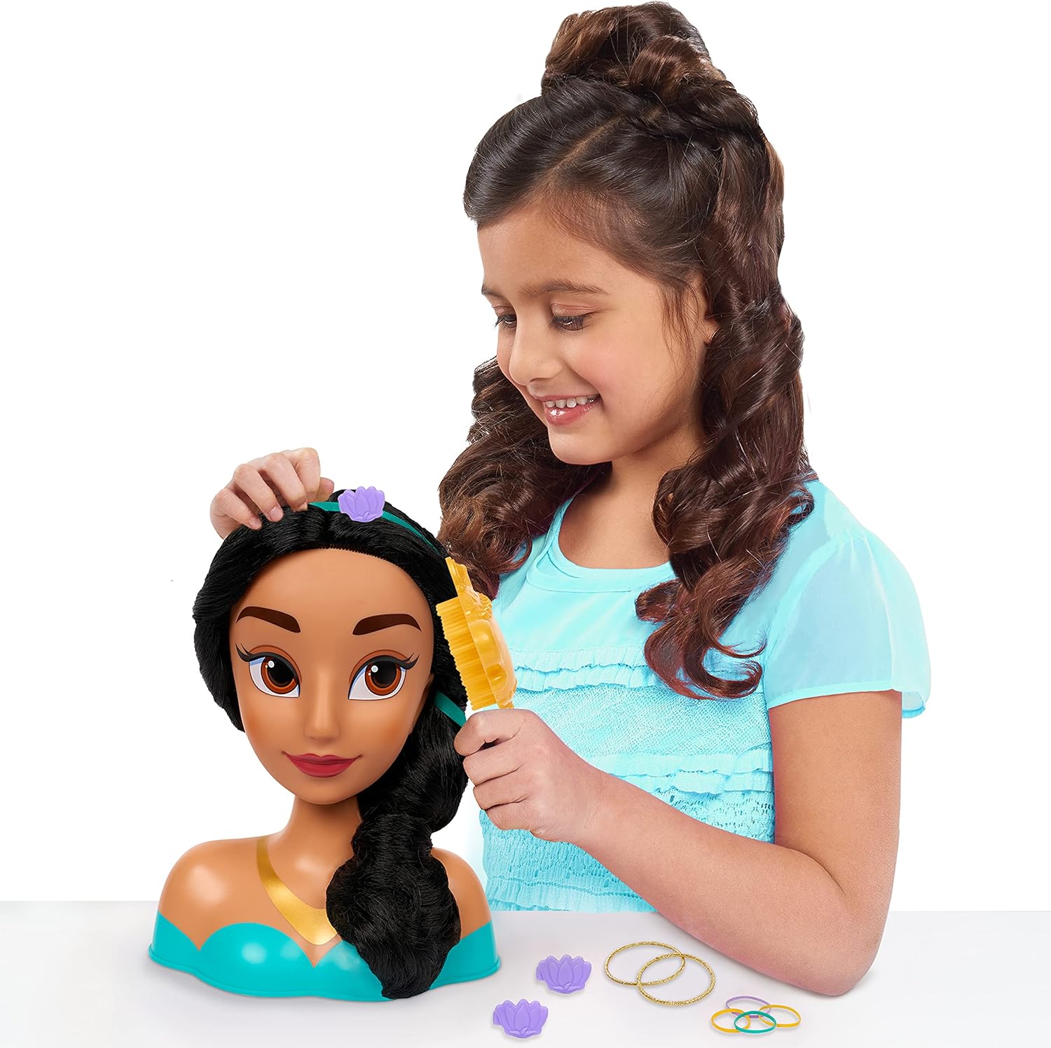 Disney Princess Jasmine Styling Head with Accessories, 14-pieces, Black Hair and Brown Eyes, Kids Toys for Ages 3 Up by Just Play