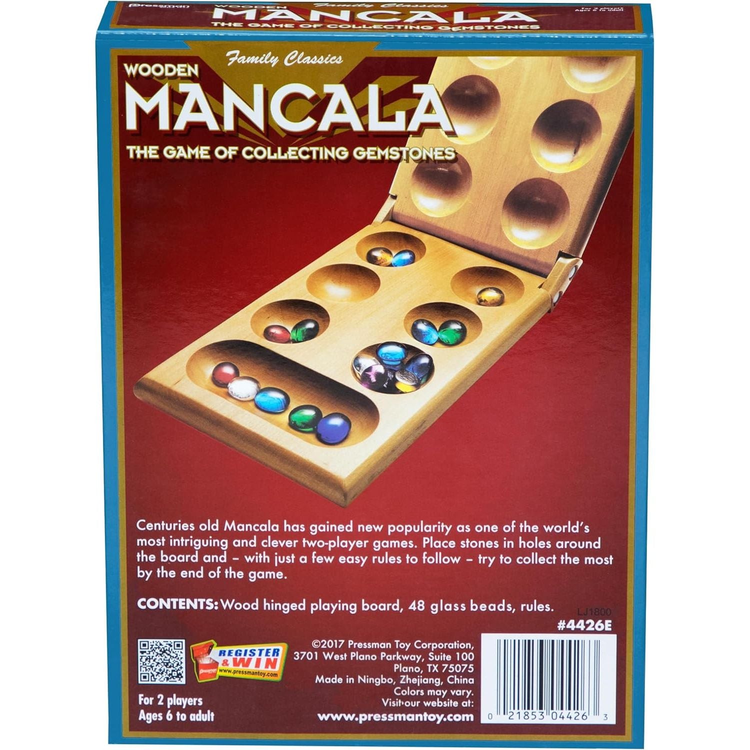 Pressman Mancala Board Game | Fun Classic Table for Adults & Kids | Includes 48 Glass Mancala Stones and Wood Hinged Playing Board | 2 Players, Ages 6+