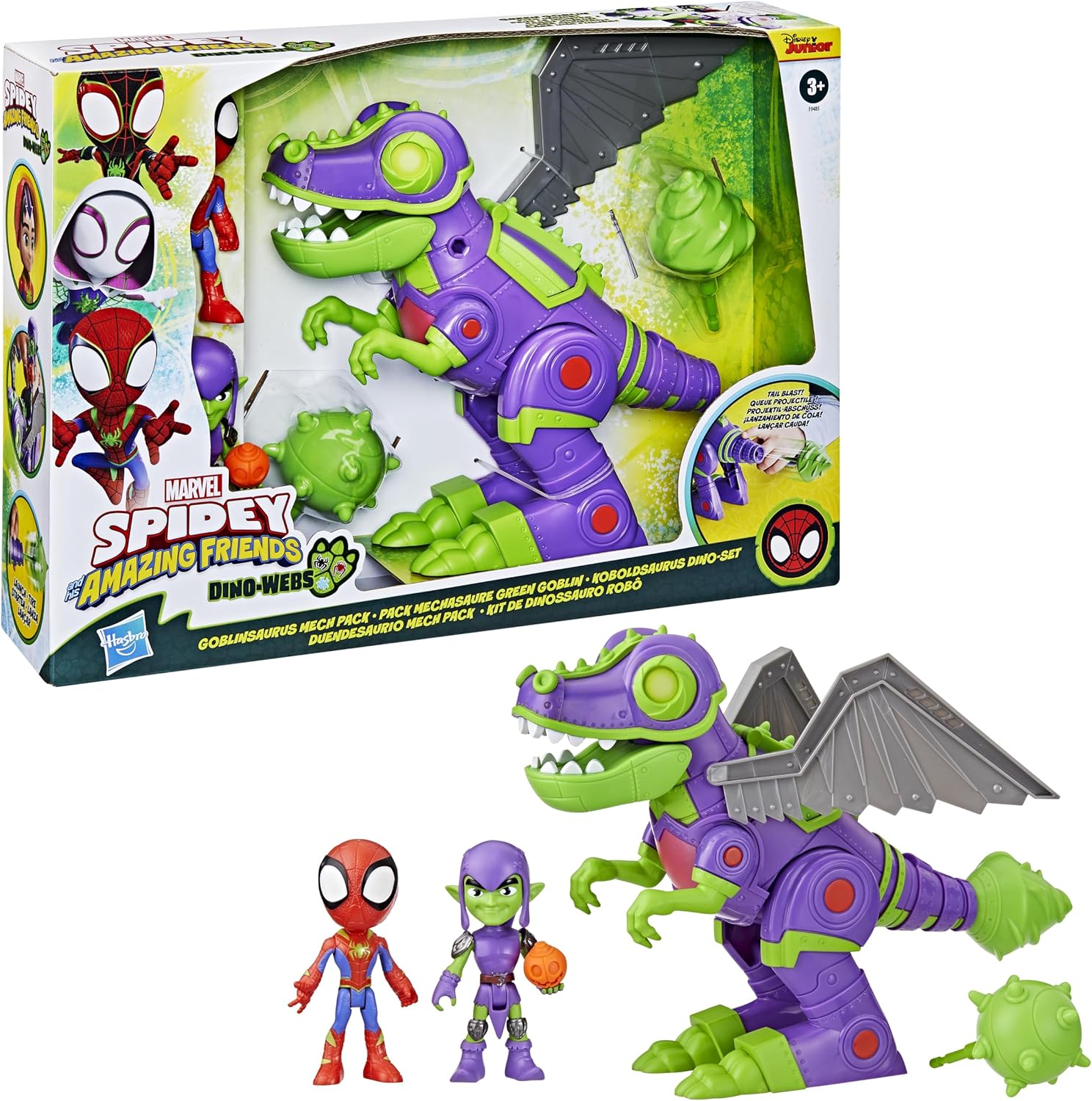 Marvel Spidey and His Amazing Friends Dino-Webs Goblinsaurus Mech Pack, 2 Action Figures and Dino Mech Suit, Preschool Super Hero Toys for Kids 3+