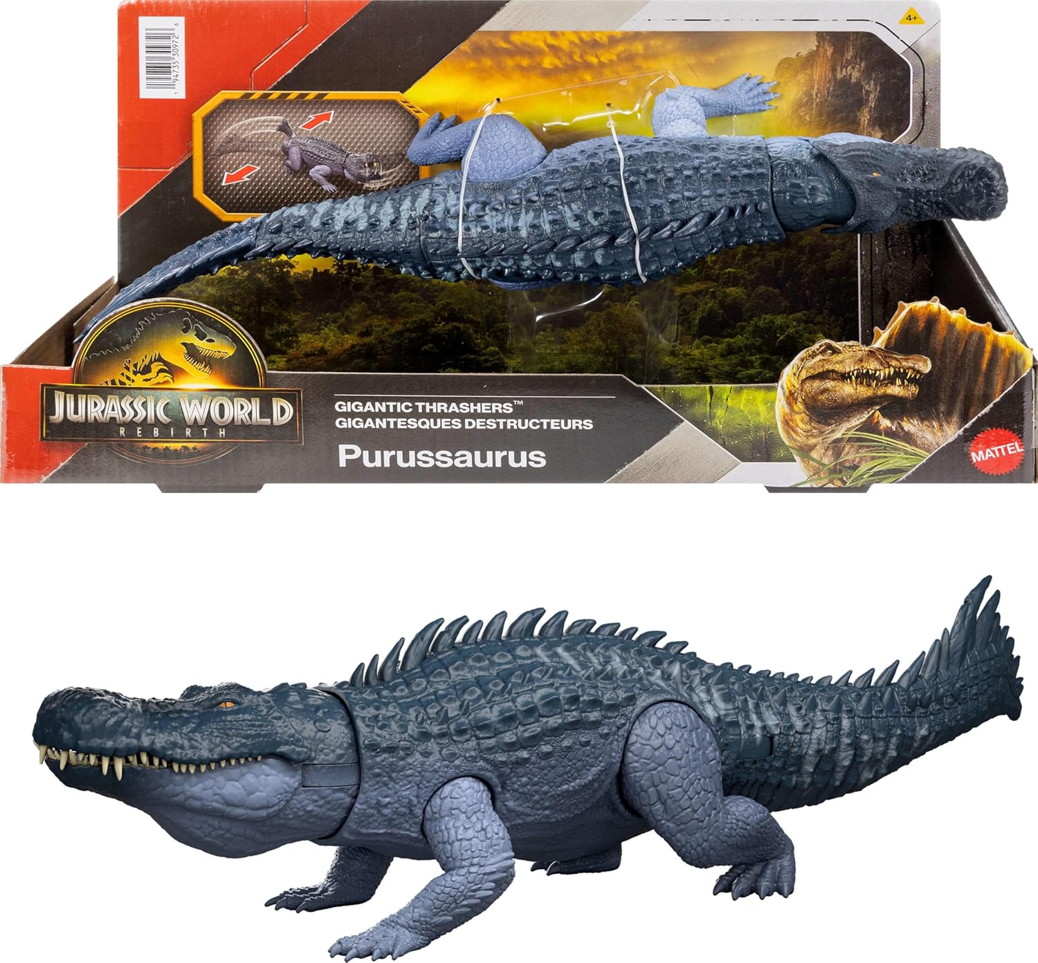 Mattel Jurassic World Rebirth Gigantic Thrashers Dinosaur Figure, Purussaurus Large Species Toy, 2 Rampage Attacks, Digital Play