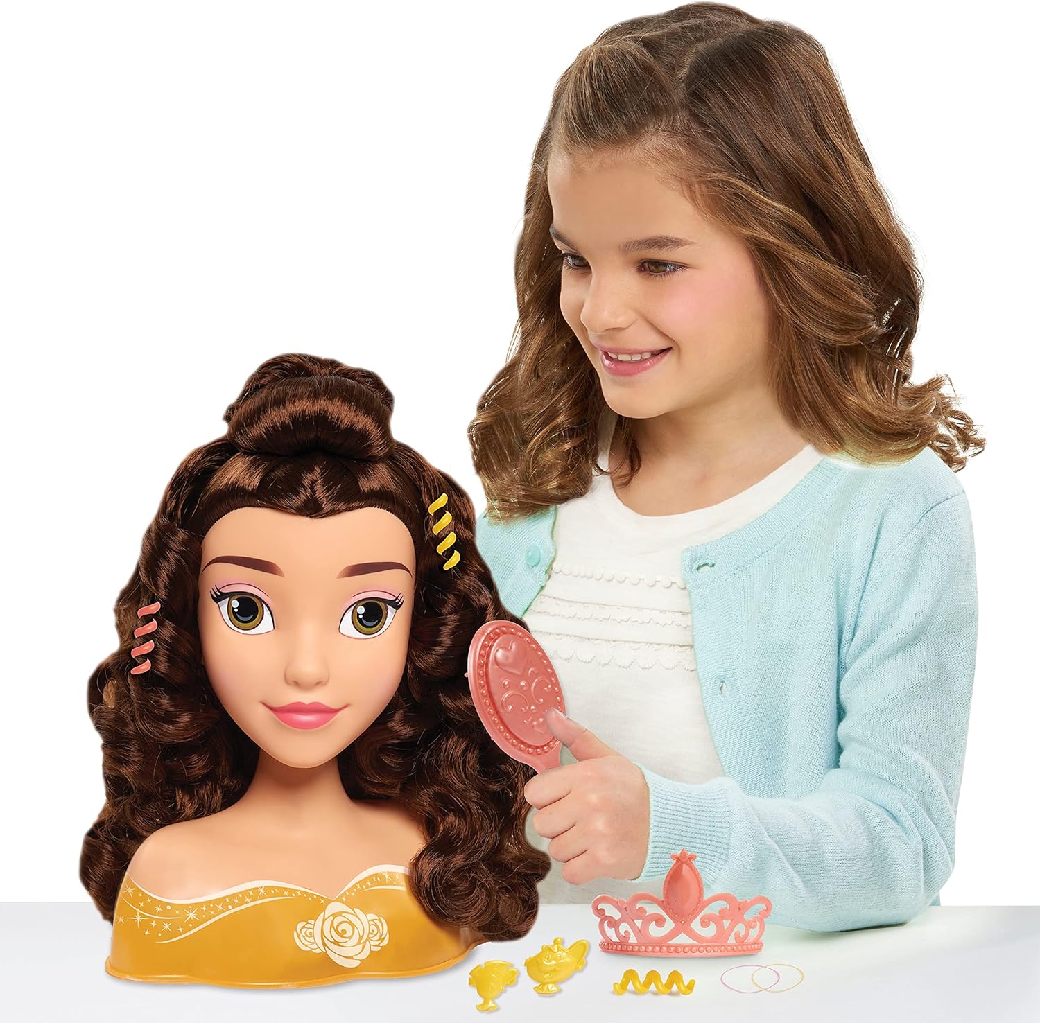 Disney Princess Belle Styling Head, Brown Hair, 10 Piece Pretend Play Set, Beauty and the Beast, Officially Licensed Kids Toys for Ages 3 Up by Just Play
