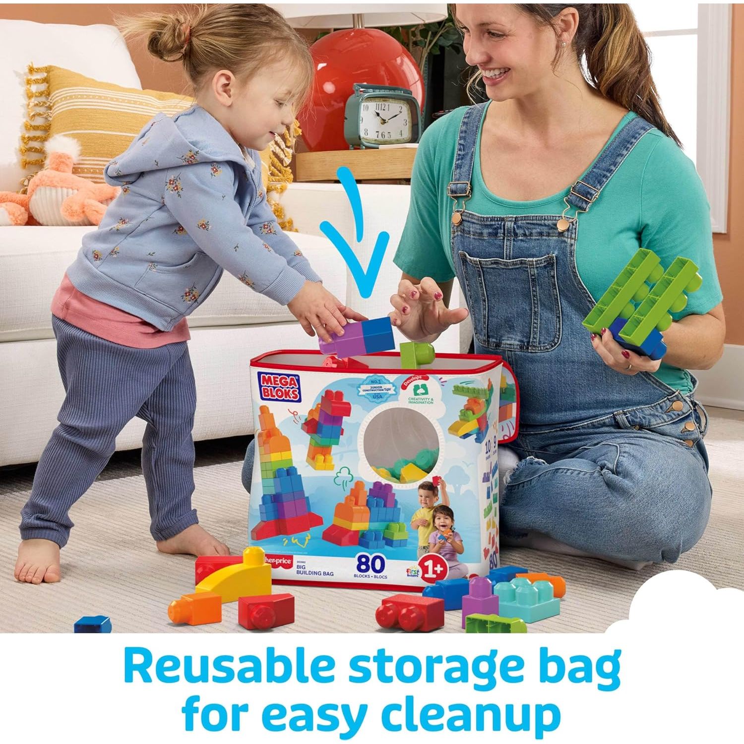 Mega Bloks First Builders Toddler Blocks Toys Set, Big Building Bag with 80 Pieces and Storage, Ages 1+ Years