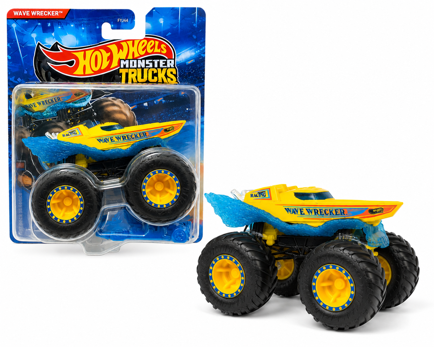 Hot Wheels Monster Trucks Wave Wrecker, Back to Basics 1/8 [Includes Crushed Car] New for 2026! 1:64 Scale Diecast Toy Vehicle