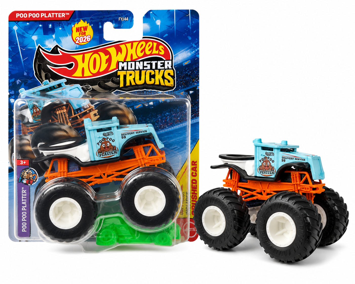 Hot Wheels Monster Trucks Poo Poo Platter 1:64 Die-Cast Truck with Crushed Car – Mattel 2026