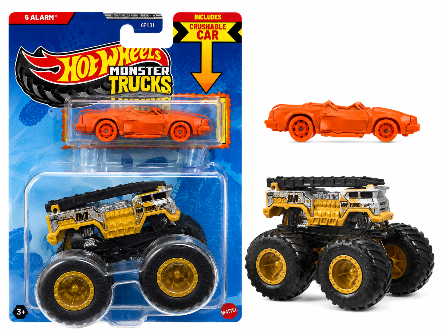 Hot Wheels Monster Trucks 5 Alarm 1:64 Die-Cast Fire Truck with Crushable Car – Mattel