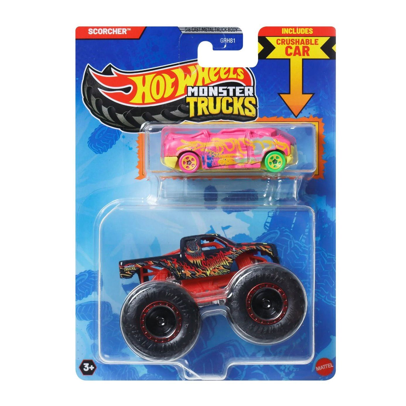 Hot Wheels Monster Trucks Scorcher, Die-Cast Vehicle with Crushable Van Blind Sided, 1:64 Scale