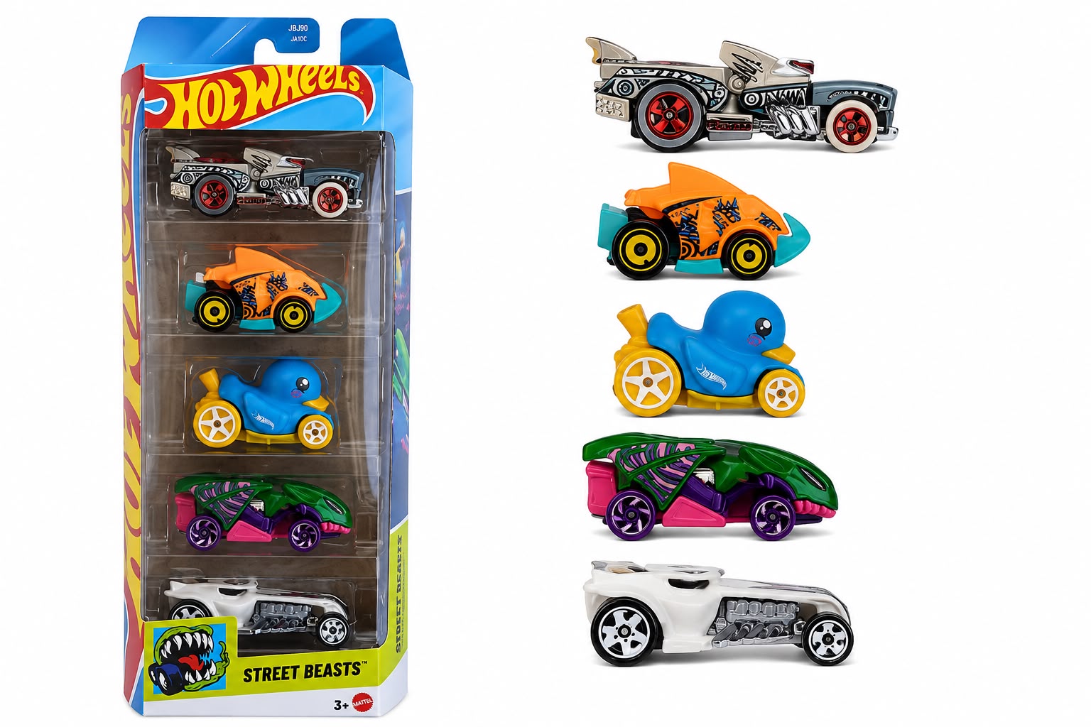 Hot Wheels Street Beasts 5 Pack (Duck N' Roll, Hotweiler, Ratical Racer, Piranha Terror, Vampyra) 1:64 Scale Diecast Toy Vehicles