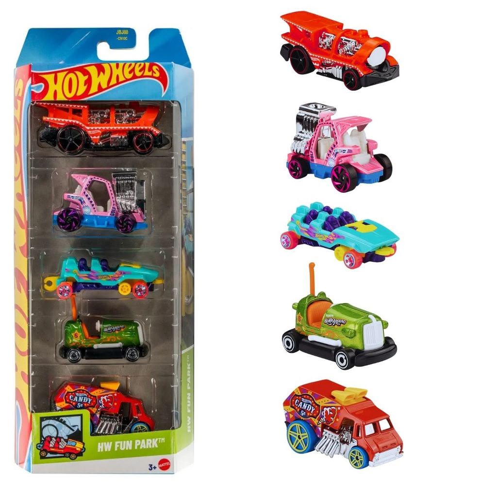 Hot Wheels Car 2025 HW Fun Park Pack of 5 (Bump Around, Loopster, Cool One, Loco Motorin, Tee'd Off 2) Multi - Color