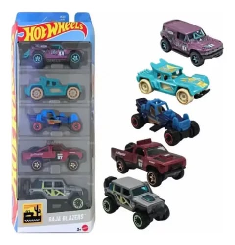Hot Wheels Car 2025 Baja Blazers Pack of 5 (Bull Whip, 87 Dodge D100, Ford Bronco R, Mountain Mauler, 17 Jeep Wrangler) Multi - Color, 3+ Years